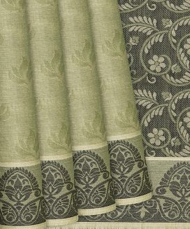 Cardamom Green Handloom Village Cotton Saree With Flower Motifs
