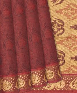 Crimson Handloom Village Cotton Saree With Traditional Motifs
