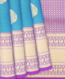 Turquoise Kanchipuram Silk Saree With Animal motifs
