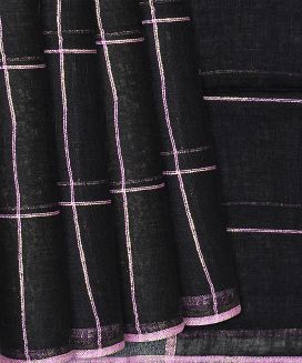 Black Handloom Cotton Linen Saree with Checks
