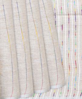 Cream Handloom Cotton Linen Saree with Stripes

