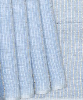 Blue Handloom Cotton Linen Saree with Stripes 
