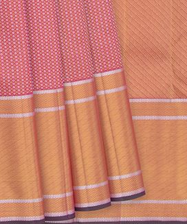 Bubble Gum Pink Handwove Kanchipuram Silk Saree With Gold, Silver Zari Dotts & Diagonal Zari Stripes In Border