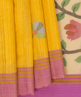 Yellow Handwoven Matka Silk Sari With Jamdani Kora Pallu