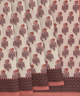 Off White Handwoven Bengal Cotton Saree With Flower Motifs & Contrast Peach Border & Pallu