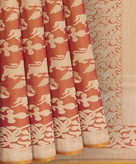 Rust Handwoven Benares Silk Sari With Vanasingaram Motifs