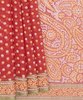 Red Handwoven Benares Cotton Saree With Paisley Motifs In Jamdhani Weave