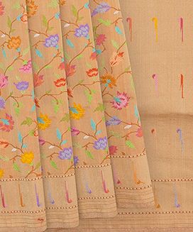 Beige Handwoven Benares Tissue Silk Saree With Floral Jamdani Motifs