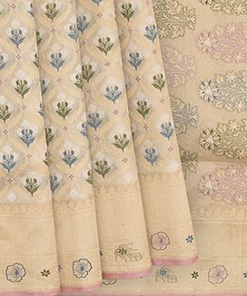Cream Handwoven Benares Tissue Silk Saree With Floral Motifs In Jamdani Weave With Gold And Silver Zari