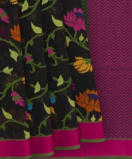 Black Handwoven Cotton Kota Saree With Floral Motifs