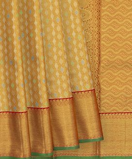Gold Handwoven Kanchipuram Korvai Tissue Silk Saree With Vairam (Diamond) Motifs in Green, blue silk threads and Silver Zari 