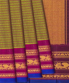 Sage Green Handloom Gadwal Cotton Saree With Stripes 
