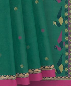Leaf Green Handwoven Bengal Cotton Saree With Bird Motifs & Pink Border
