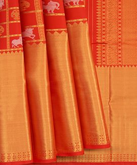 Red Handwoven Kanchiavarm Silk Saree With Silver Zari Checks And Horse Motifs