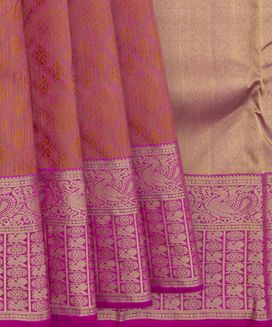 Rust Handwoven Kanchipuram Silk Saree With "Phulkari" Motifs