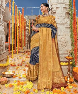 Indigo Handloom Kanchipuram Natural Dyed Tanjore Revival Silk Saree With Seer Border