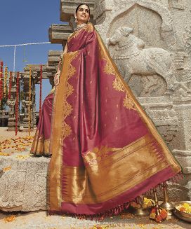 Crimson Handloom Natural Dyed Kanchipuram Revival Silk Saree With Uppada Parrot Motifs