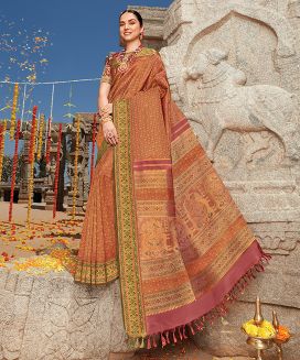 Crimson Handloom Natural Dyed Kanchipuram Revival Silk Saree With Meenakari Motifs
