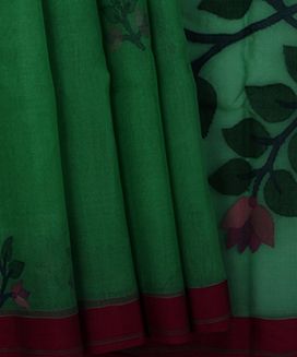 Turquoise Handwoven Dhakai Cotton Sari With Floral Jamdani Pallu