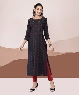 Black red printed cotton kurta 