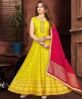 Yellow Embroidered Anarkali Set With Red Dupatta