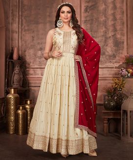 Off-White Embroidered Anarkali Set With Red Dupatta