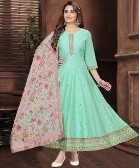 Turquoise Embroidered Anarkali Set With Pink Printed Dupatta
