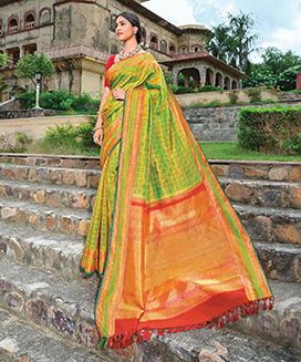 Green Handloom Kanchipuram Beldari Checks Lino Silk Saree