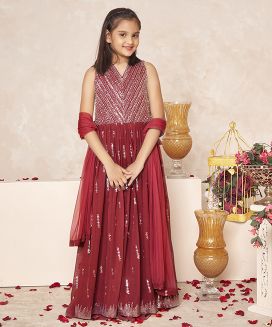 Crimson festive sequin embroidered ethnic dress set 
