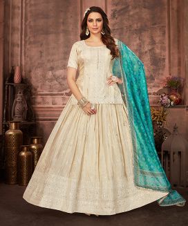 Off-White Embroidered Lehenga With Blue Printed Dupatta
