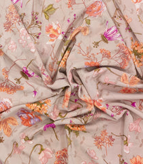 Beige Printed Crepe Silk Saree With Floral Motifs-PS0911