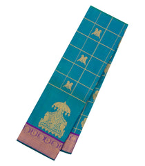Cyan Handloom Kanchipuram Silk Saree With Zari Checks & Bird Buttas-KA13933