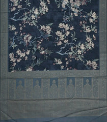 Midnight Blue Printed Synthetic Tussar With Contrast Zari Border-SY0296