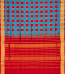 Cyan & Red Handloom Silk Cotton Saree With Checks & Zari Buttas-SC4624