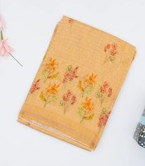 Beige Handwoven Linen Saree Printed With Flower Motifs