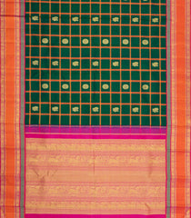 Bottle Green Handloom Korvai Kanchipuram Silk Saree With Checks & Buttas-KA16168