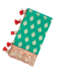 Aquamarine Woven Blended Satin Saree With Embroidered Floral Motifs-BL3801