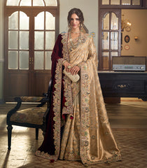 Royal Beige Blended Tissue Saree with Heavy Zardozi Embroidered Border and Dupatta -EN2188