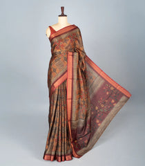Beige Woven Synthetic Cotton Saree With Printed Floral Motifs-BL4288