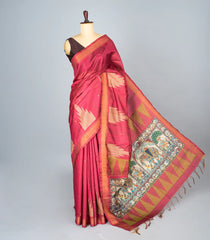 Crimson Woven Synthetic Dupion Saree With Printed Paintings In Pallu-BL4296