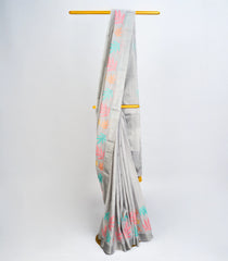 Grey Woven Art Linen Saree With Embroidered Floral Motifs-BL3766