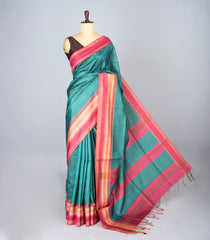 Cyan Woven Synthetic Dupion Saree With Contrast Border-BL4340