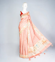 Peach Woven Art Tussar Silk Saree With Printed Floral Motifs-BL3886