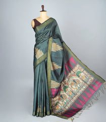 Grey Woven Synthetic Dupion Saree With Printed Paintings In Pallu-BL4293