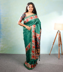 Sea Green Printed Synthetic Tussar Silk Saree With Contrast Border-SY0100