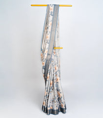 Grey Woven Art Linen Saree With Printed Floral Motifs-BL3757