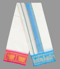 Cream 9 x 5 Cotton Dhoti With Blue And Pink Floral Border-CD1498