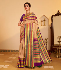 Cream Handloom Korvai Kanchipuram Silk Saree With Buttas-KA15470