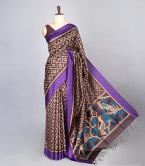 Dark Brown Woven Synthetic Dupion Saree With Bird Motifs & Contrast Border-BL4475