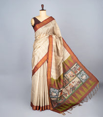 Off White Woven Synthetic Dupion Saree With Printed Paintings In Pallu-BL4292